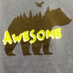 Kids BLUE 'Awesome' Bear Graphic Tee. 50% PRESHRUNK COTTON, 50% POLYESTER. SOFT!